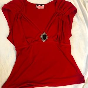 Pinup Couture V neck Red Blouse with Brooch